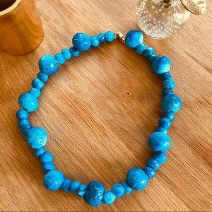Turquoise Blue Midcentury Glazed Lava Stone Bead Necklace